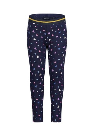 Mørkeblå børneleggings med flerfarvede hjerte-mønstre og guld elastik i taljen fra Blue Seven.