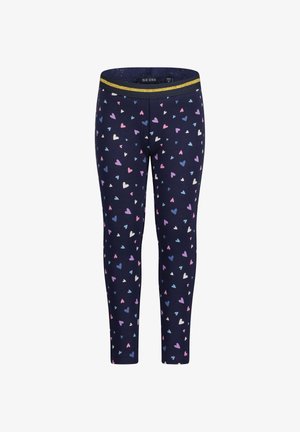 Marineblaue Kinderleggings mit mehrfarbigen Herzmustern und einem goldenen elastischen Bund von Blue Seven.