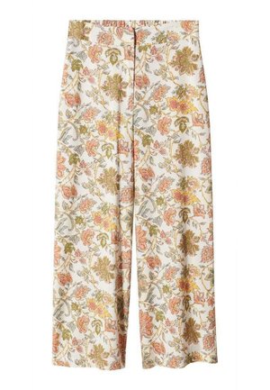 Wijde broek met hoge taille, voorzien van een meerkleurig bloemenpatroon in tinten oranje, geel, groen en grijs op een witte achtergrond.