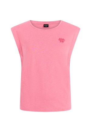 Roze mouwloze top van zachte stof met een ronde hals en een subtiel geborduurd logo op de borst. Gladde textuur.