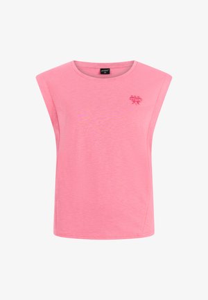 Haut rose sans manches en tissu doux avec un col rond et un logo brodé subtil sur la poitrine. Texture lisse.