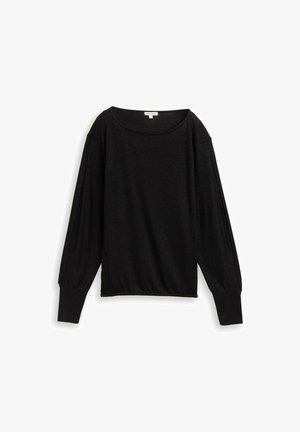 Schwarzes Langarmoberteil mit rundem Ausschnitt, lockerer Passform und gerafften Bündchen. Der Stoff hat einen dezenten Glanz und eine weiche Textur.