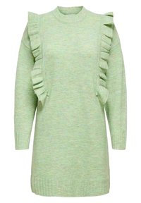Jasnozielony sweter na drutach z falbankami po bokach, ściągaczami na mankietach i okrągłym dekoltem, o miękkim, teksturowanym wykończeniu.