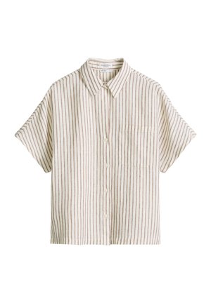 Chemise beige à manches courtes avec boutons, rayures verticales marron et une poche poitrine, en lin pur.