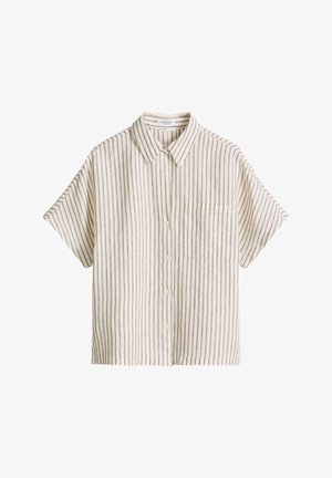Chemise beige à manches courtes avec boutons, rayures verticales marron et une poche poitrine, en lin pur.