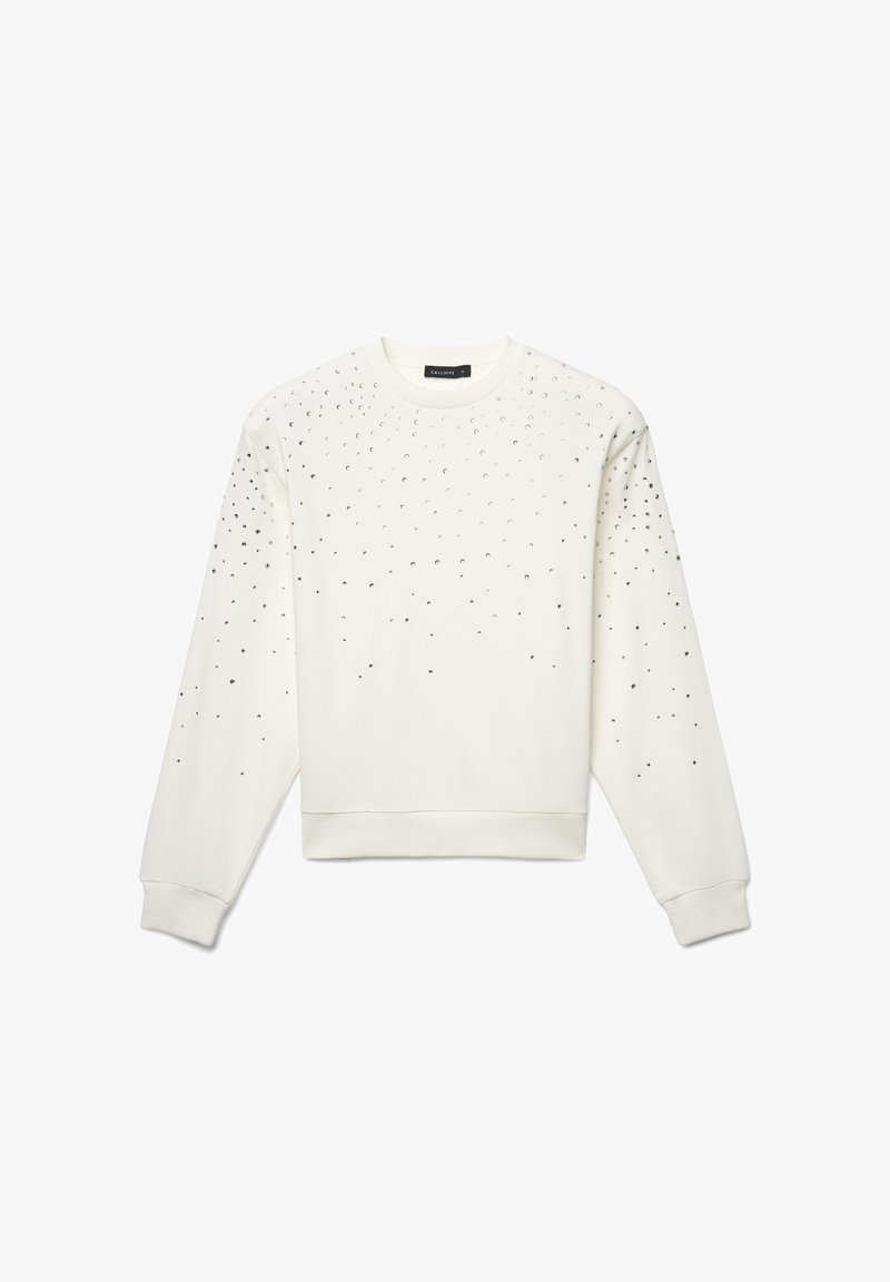 Felpa bianca con scollo rotondo e maniche lunghe, caratterizzata da borchie d'argento sparse sulla parte anteriore e orlo e polsini a coste.