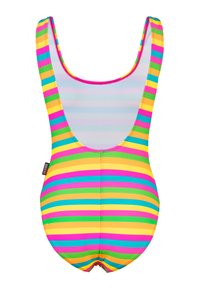 Eénstuk zwempak met horizontale strepen in geel, roze, groen en blauw. Heeft een scoop rug en een label aan de zijkant.