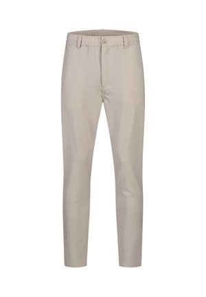 Beige slim-fit bukser med knap- og lynlåslukning, bæltestropper og et subtilt tekstureret stofmønster.