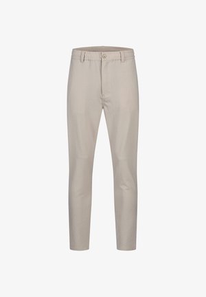 Beige slim-fit broek met knoop- en ritssluiting, riemlussen en een subtiel gestructureerd stofpatroon.