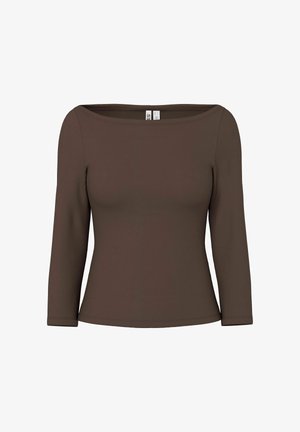 Brązowa bluzka z długim rękawem i dekoltem w łódkę, dopasowany krój oraz gładka faktura, wykonana z elastycznego materiału zapewniającego wygodę i swobodę ruchów.