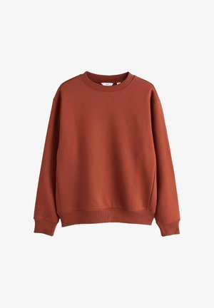 Rustfarvet crewneck sweatshirt med lange ærmer samt ribbede manchetter og kant på en hvid baggrund.