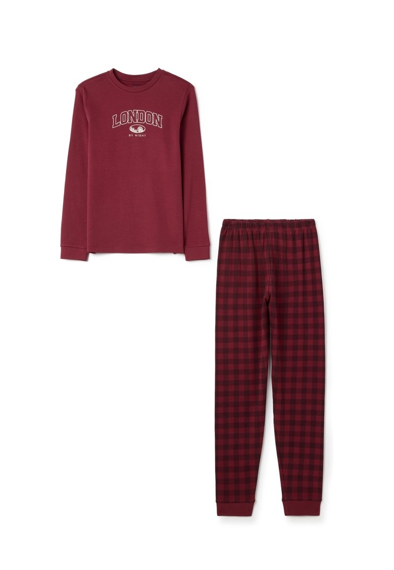 Top de manga larga color burdeos con impresión "LONDRES DE NOCHE", combinado con pantalones de pijama a cuadros en burdeos y negro. Material de algodón suave, con cinturilla elástica.