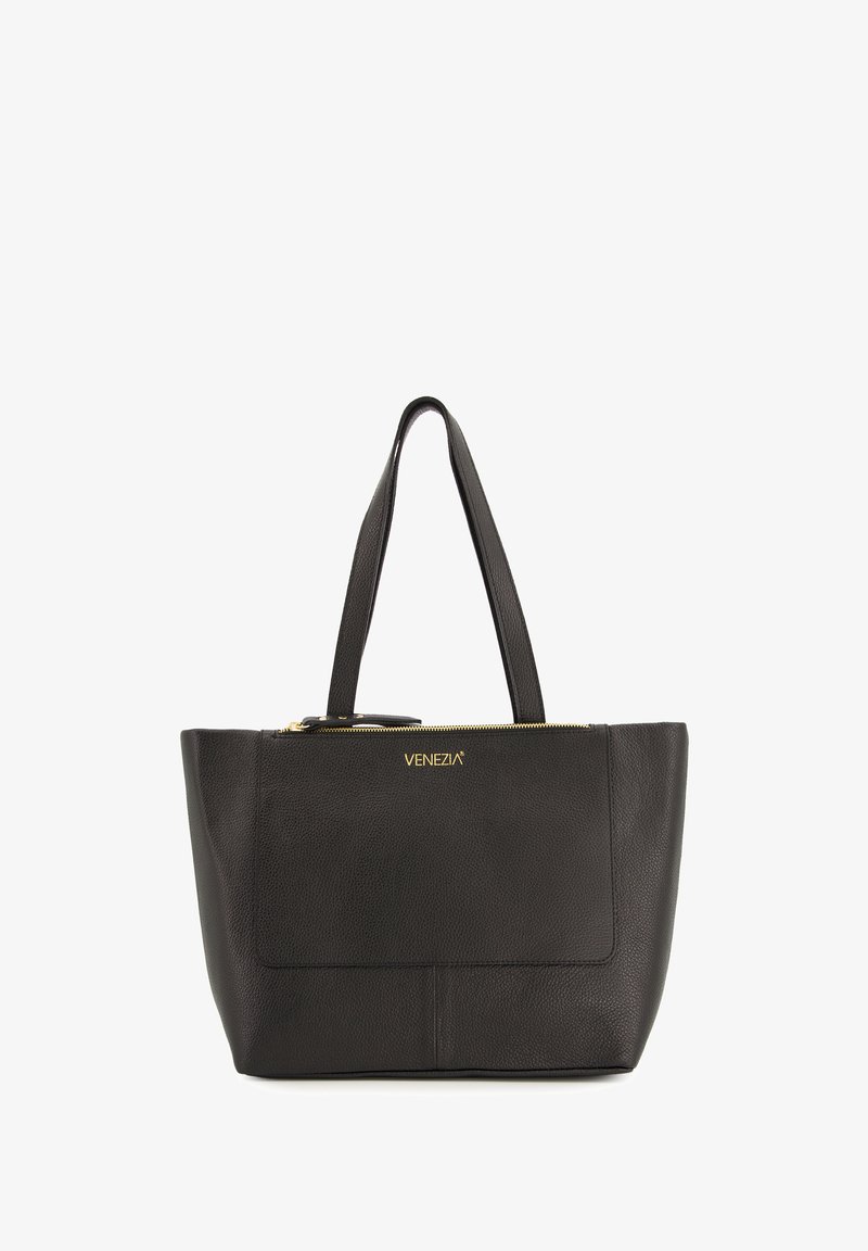 Czarna skórzana torba na ramię o teksturowanym wykończeniu, ze złotymi elementami i zasuwanym zamkiem. Posiada dwa długie uchwyty oraz przednią kieszeń.