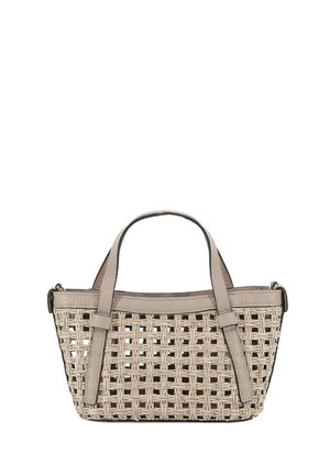 Small rectangular beige tote bag with woven rattan body and leather handles and trim against a white background.
