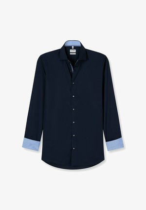 Camicia a maniche lunghe blu navy con colletto a punte, polsini azzurri e colletto interno coordinato. Presenta bottoni sul davanti e un orlo dritto.