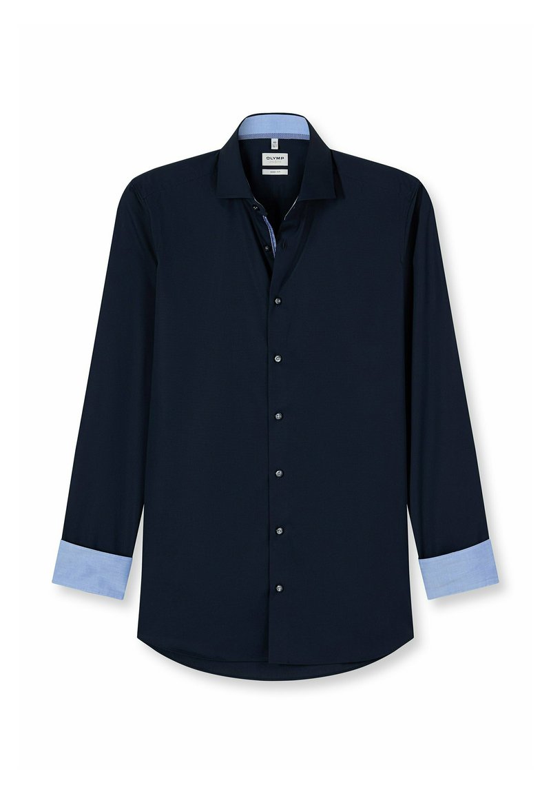 Marineblaue Langarmbluse mit einem Kentkragen, hellblauen Ärmelbündchen und passendem Kragenfutter. Verfügt über Knöpfe entlang der Vorderseite und einen geraden Saum.
