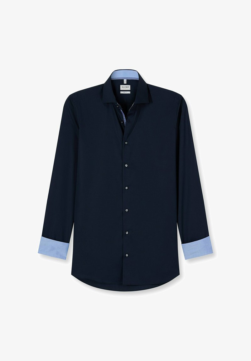 Marineblaue Langarmbluse mit einem Kentkragen, hellblauen Ärmelbündchen und passendem Kragenfutter. Verfügt über Knöpfe entlang der Vorderseite und einen geraden Saum.