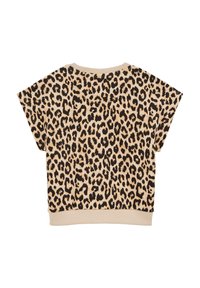 Šviesiai ruda trumpomis rankovėmis palaidinė su juodu leopardų raštu, turinti raukšlėtą iškirptę ir laisvą siluetą bei trumpesnį dizainą.