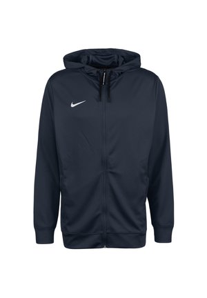 Mørk navyblå sportsjakke med hætte og lynlås hele vejen, lange ærmer, sorte snore og hvid Nike-logo på venstre bryst.