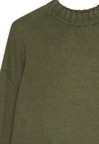 Olive green knitted sweater with ribbed crew neckline and textured stitch pattern on the shoulder and body.