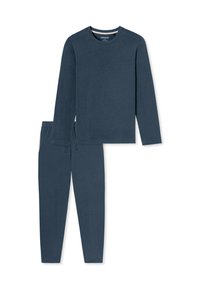 Himmelblaues Langarmoberteil und passende Hose aus weicher Baumwolle; mit Rundhalsausschnitt, lockerer Passform und Kordelzugbund.