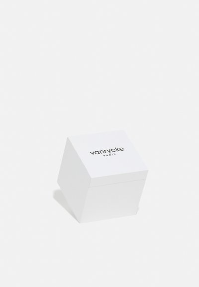 Weiße geometrische Box mit matter Oberfläche, die auf der Oberseite ein schwarz gedrucktes Logo "vanrycke PARIS" aufweist.