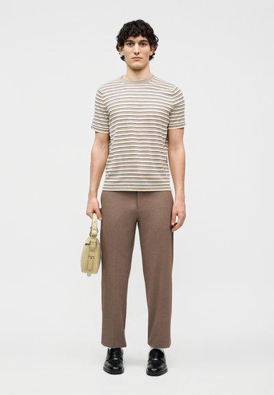 Muž oblečený v béžovo-hnedom pruhovanom tričku, hnedých nohaviciach, čiernych topánkach, držiaci béžovú kabelku, na jednoduchom svetlom pozadí.