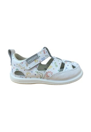 Sandalia blanca para niño pequeño con estampados coloridos de temática espacial, puntera cerrada y correa de velcro con la etiqueta "zapyflex" sobre fondo blanco.