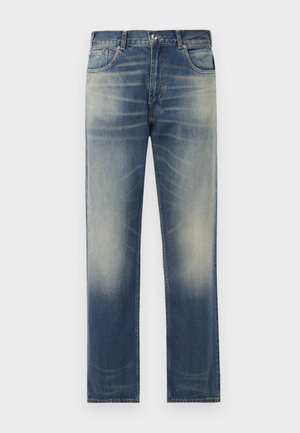 Blauwe denim jeans met een rechte snit, voorzien van subtiele vervaging en wassing details aan de voorkant, vijf-pocket ontwerp en ceintuurlussen.