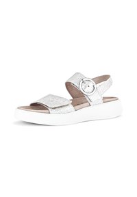 Metaalachtige zilveren sandalen met een geweven textuur, verstelbare enkelband, grote band met ronde gesp en witte, gevoerde zool.