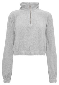 Grå kort sweatshirt med hög krage, halv dragkedja och elastisk nederkant och ärmslut, med en mjuk textur och minimalistisk design.