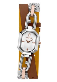 Furla watch with octagonal silver and rose-gold face. Brown and yellow leather straps feature a silver chain link detail.