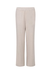 Beige, ontspannen gesneden broek met een elastische tailleband, rechte pijpen en een zachte textuur, geschikt voor casual dragen of relaxen.
