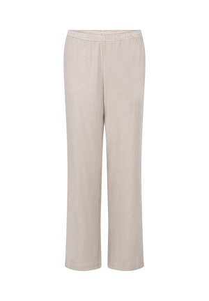 Beige, relaxed-fit pants with an elastic waistband, straight leg design, and soft texture, suitable for casual wear or lounging.