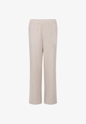 Beige, ontspannen gesneden broek met een elastische tailleband, rechte pijpen en een zachte textuur, geschikt voor casual dragen of relaxen.