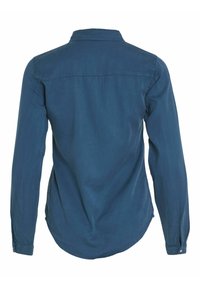 Chemise bleue à manches longues vue de dos avec un col et des poignets boutonnés, fabriquée en tissu doux avec des détails de couture simples.