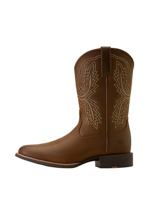 Stivale da cowboy in pelle marrone con dettagli ricamati, punta affilata, cuciture decorative e tacco impilato, che presenta una texture liscia.