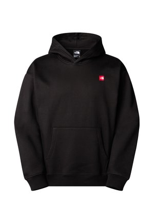 Black hoodie with a front pocket, drawstring hood, and a small red logo patch on the left chest. Made from soft fabric with ribbed cuffs.
