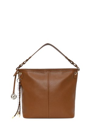 Bruine leren handtas met een enkele schouderband, centrale naad en een decoratieve kwast met gouden bedel aan de linkerkant.