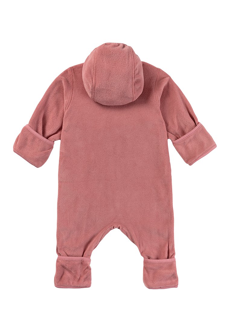 Rosa Fleece-Einteilerganzkörperanzug mit Kapuze, mit umgeschlagenen Bündchen an den Ärmeln und Beinen sowie einer weichen, strukturierten Oberfläche.