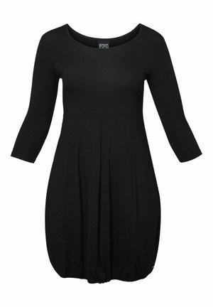 Rochie neagră cu mâneci lungi, decolteu rotund, design plisse și tiv strâns. Fabricată dintr-un material moale și elastic.