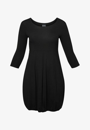 Abito nero con maniche lunghe, scollatura arrotondata, design plissettato e orlo arricciato. Realizzato in tessuto morbido ed elastico.