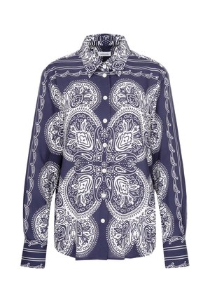 Marineblaue Knopfleiste mit weißem Paisleymuster, langen Ärmeln, klassischem Kragen und dezent strukturierter Stoff. Mit abgerundetem Saum.