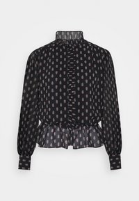 Sort bluse med rund halsudskæring, lange pufærmer, rynket front og blomsterprint i hvid og rød. Gennemsigtigt stof med peplum nederdel.