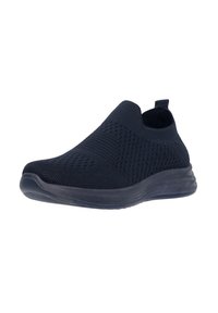 Sneaker slip-on di un blu navy scuro con una tomaia in maglia testurizzata, suola leggera e un comodo manico sul retro per facilitarne l'indossaggio.