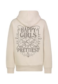 Beige hoodie met een groot grijs tekstontwerp op de achterkant, met de woorden "HAPPY GIRLS ARE THE PRETTIEST" versierd met decoratieve krullen.