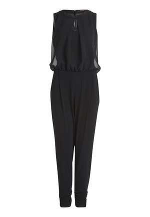 Sort jumpsuit med ærmeløs design, gennemsigtig toplag, nøglehul-nakline, elastisk talje og taperede ankler. Blødt, glat stof.