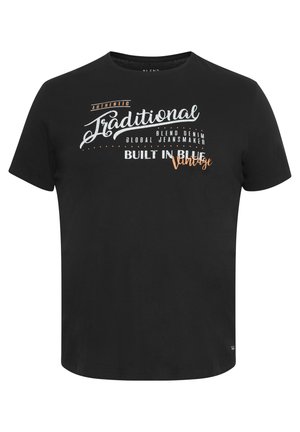 Schwarzes Baumwoll-T-Shirt mit Rundhalsausschnitt, kurzen Ärmeln und einem Grafikdesign im Vintage-Stil mit weißem und orangefarbenem Text.