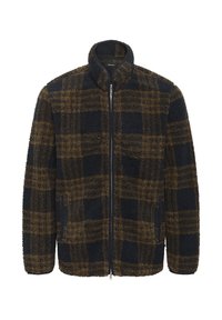 Giacca in pile a scacchi marrone e nera con zip frontale completa e colletto alto, mostrata su sfondo bianco.