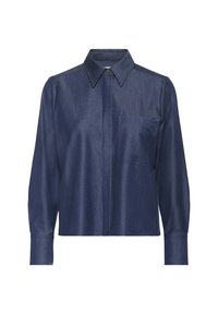 Granatowa koszula dżinsowa z długim rękawem, z ostrym kołnierzykiem, ukrytymi guzikami, kieszenią na piersi i mankietami zapinanymi na guziki.